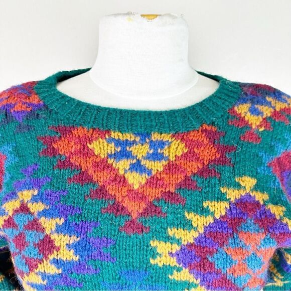 Vintage 90s Saks Fifth Avenue 100% Wool Chunky Colorful Pullover Sweater Small - Picture 2 of 7